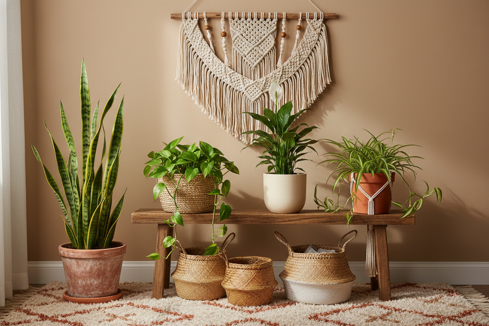 air purifying plants in a bundle of 4, boho style background