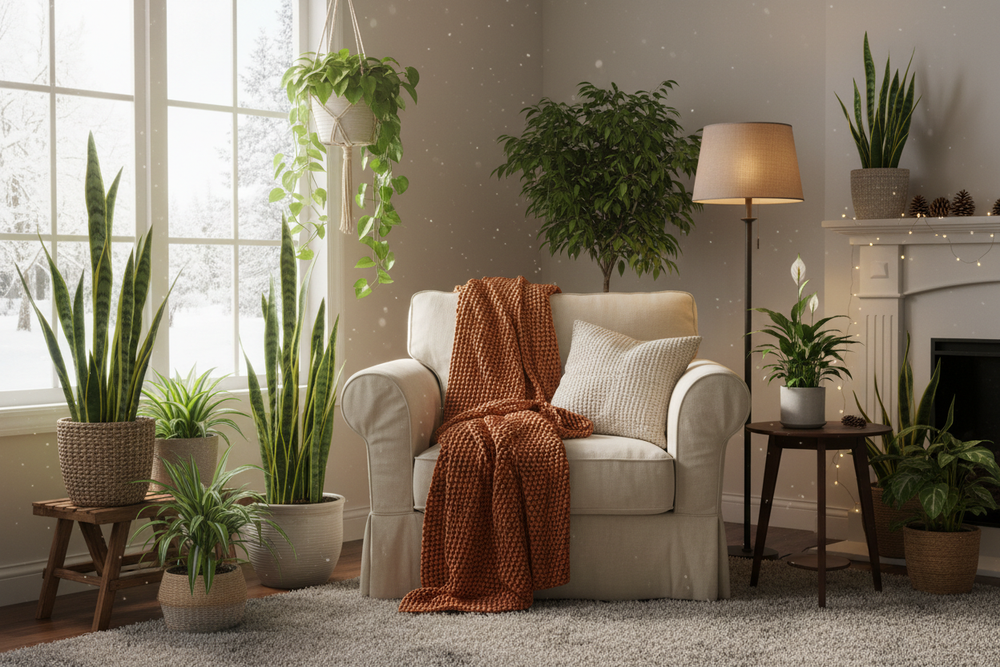 air purifying plants in a living room, cozy winter