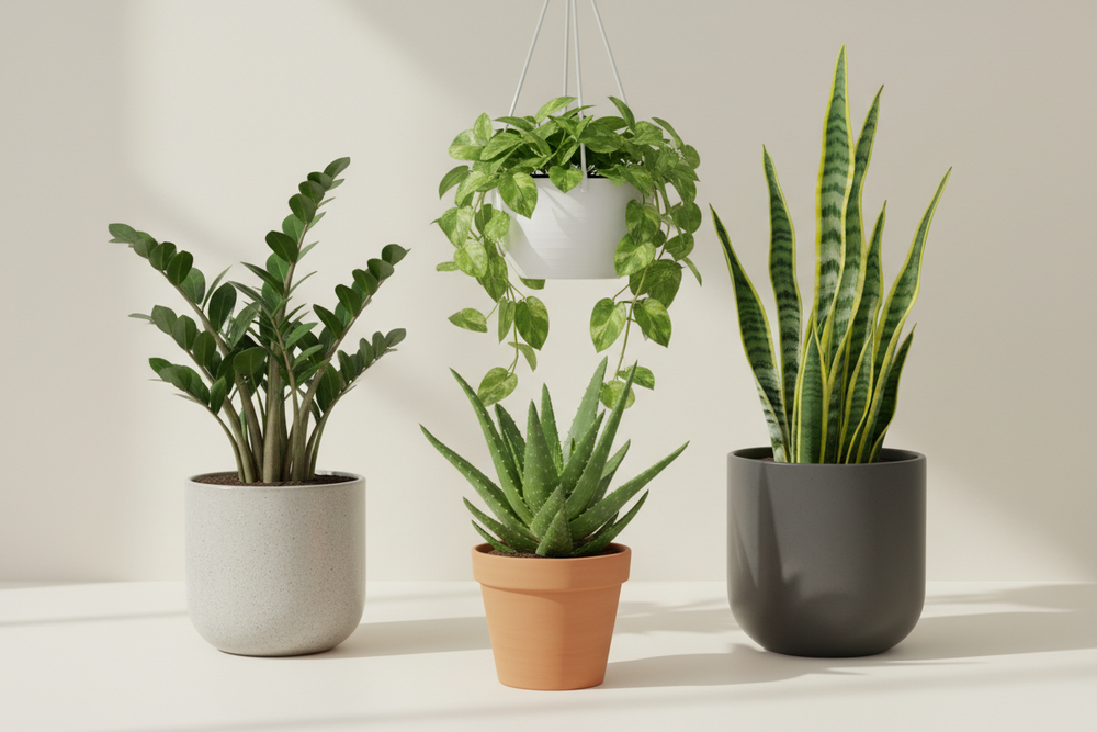 easy care bundle including a zz plant, aloe plant, pothos and snake plant