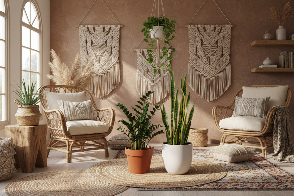 easy care bundle with zz plant, snake plant, pothos and aloe plant in a boho style living room