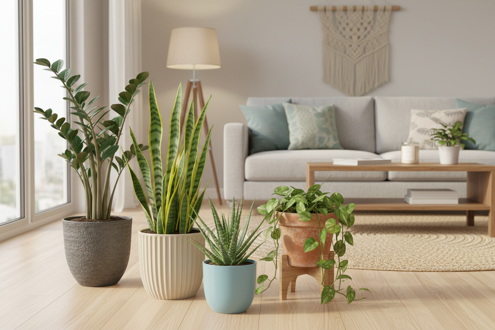 living room background with bundle of plants including a zz plant, snake plant, pothos plant, aloe plant together