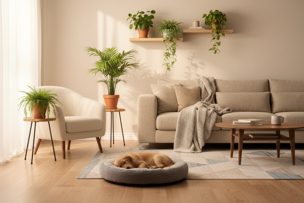 make the puppy sleeping somewhere and no plants in the way on the floow